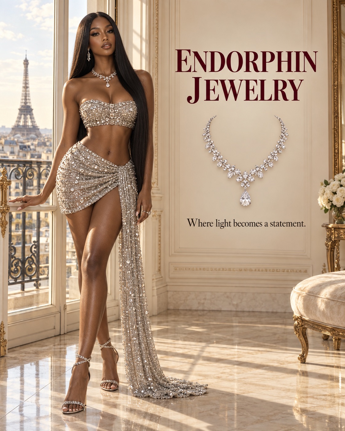ENDORPHIN JEWELRY 캠페인. 모델의 전신과 목걸이 제품, 캠페인 문구가 담긴 지면