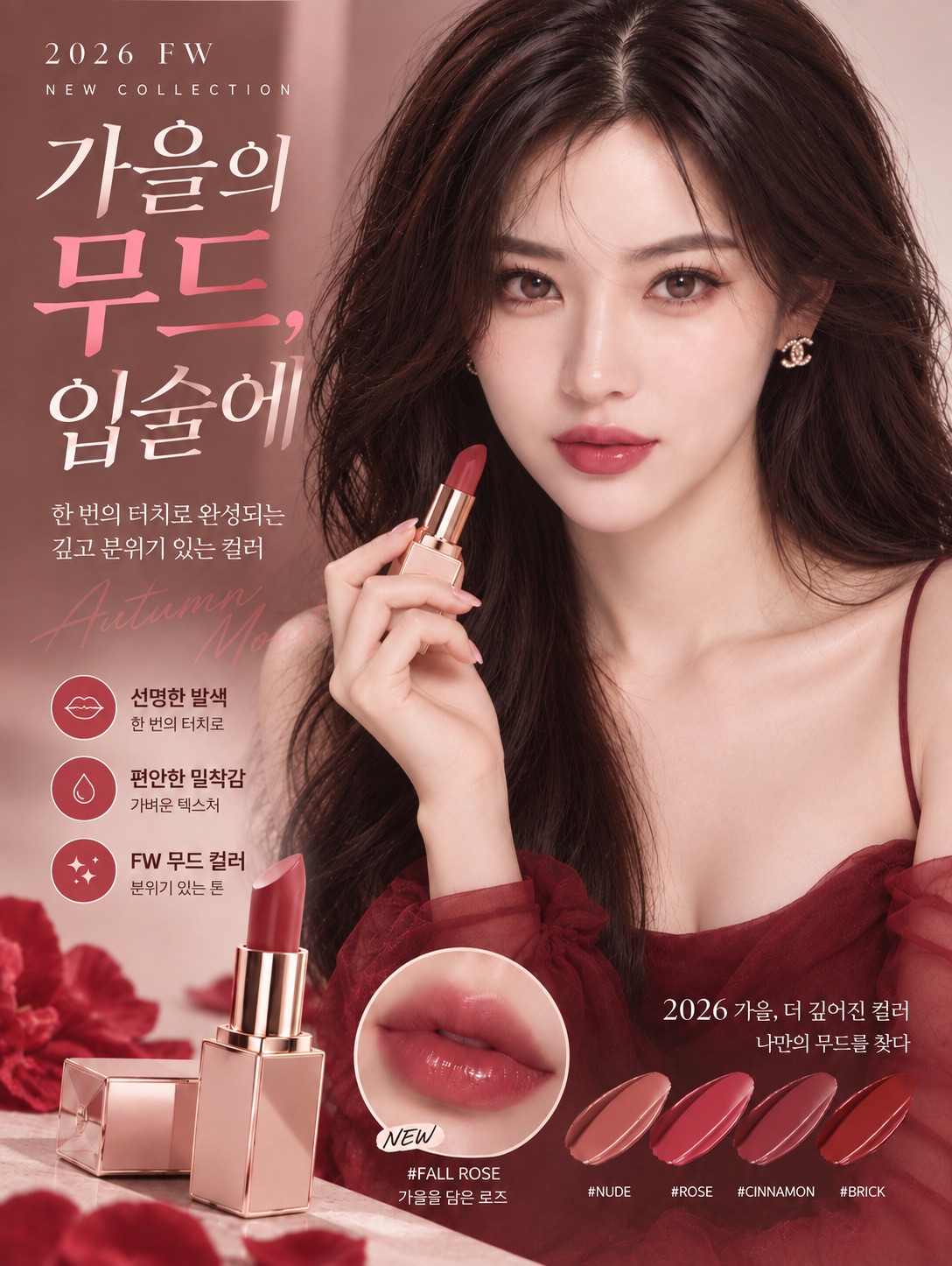 2026 FW 립 뷰티 캠페인. 모델과 립 제품, 광고 문구가 담긴 세로 비주얼